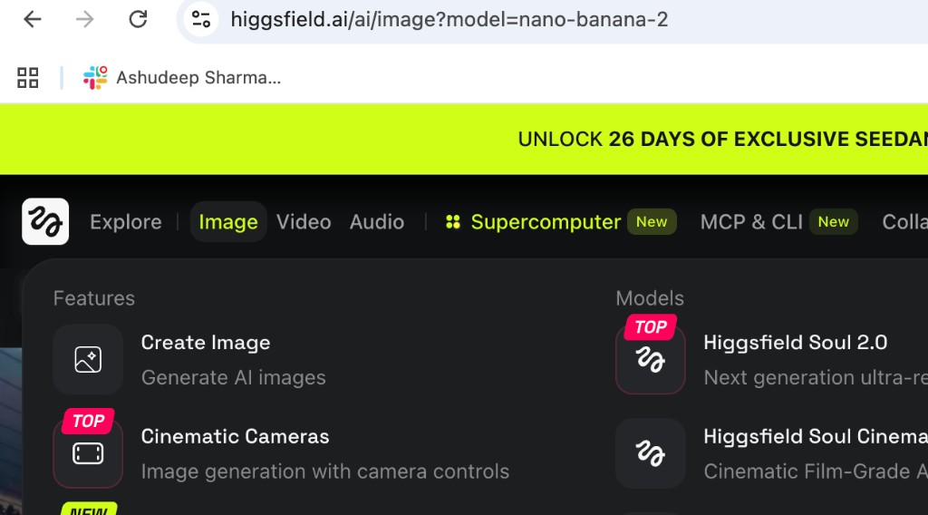 Higgsfield Image menu with Create Image and Nano Banana 2 in the URL