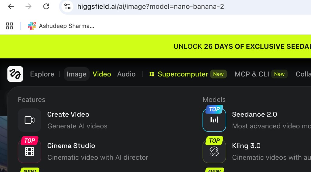 Higgsfield Video menu with Create Video and Kling models listed