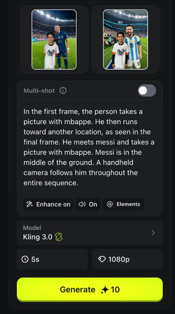Create Video with Mbappé and Messi reference images, Kling 3.0, and Generate button
