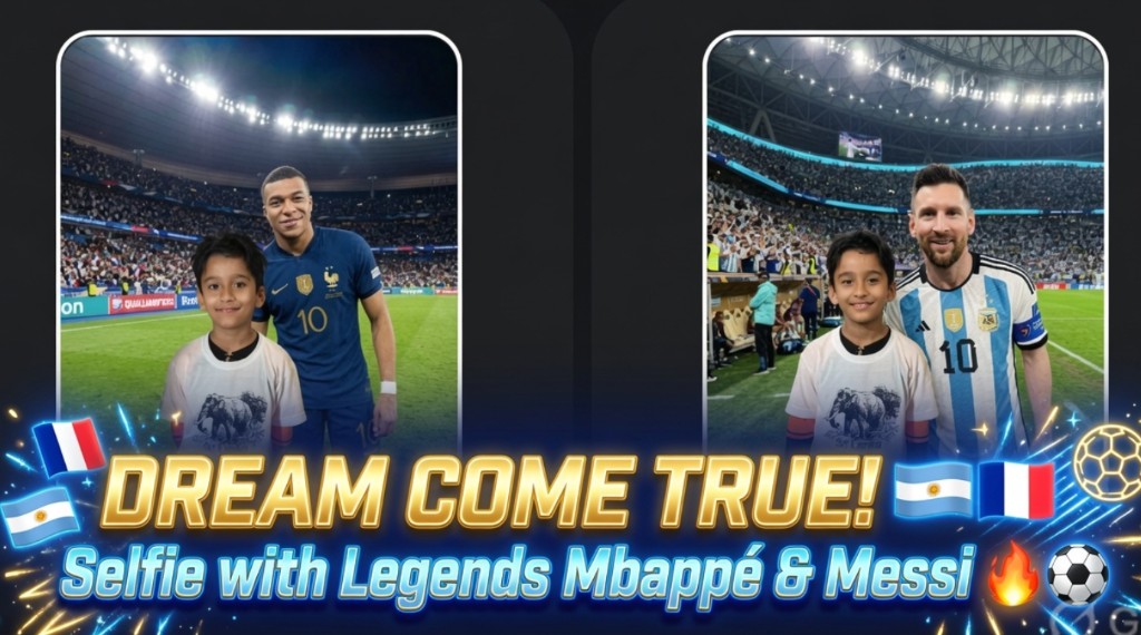 Dream come true — AI selfie with football legends Mbappé and Messi
