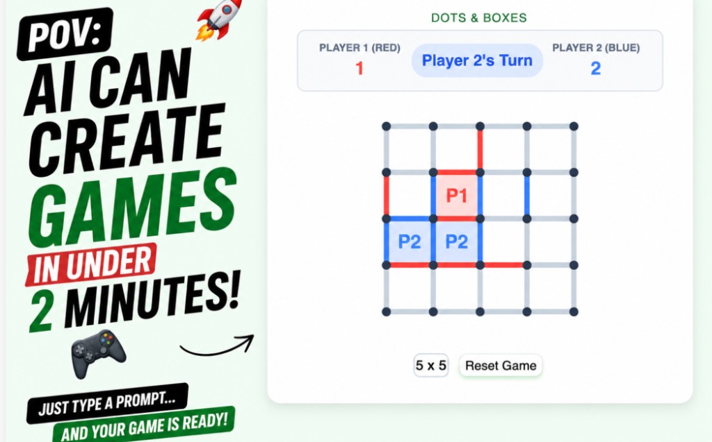 AI can create games in under 2 minutes — Dots and Boxes example built in Gemini Canvas