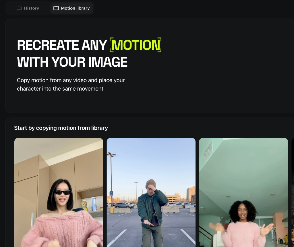 Higgsfield Motion library gallery with sample dance and movement clips