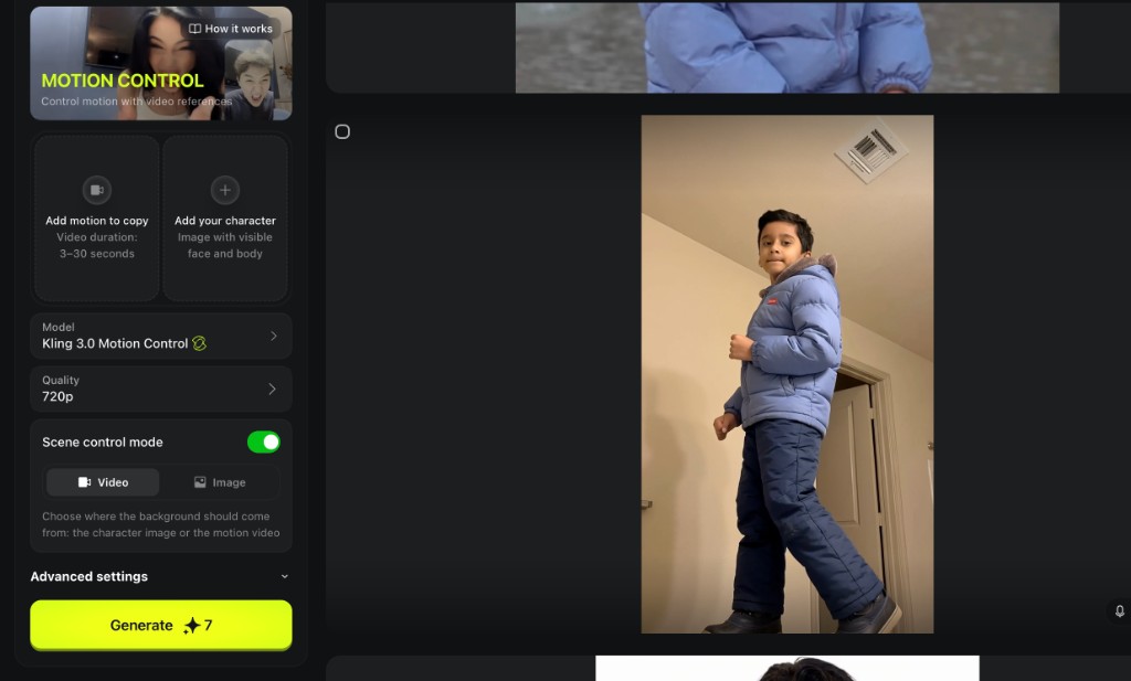 Generated Motion Control video preview showing character image animated in a hallway scene