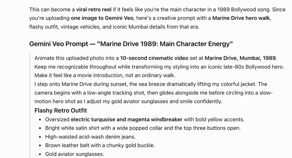 ChatGPT showing a generated Gemini Veo prompt titled ‘Marine Drive 1989: Main Character Energy’ with a flashy retro outfit and scene details