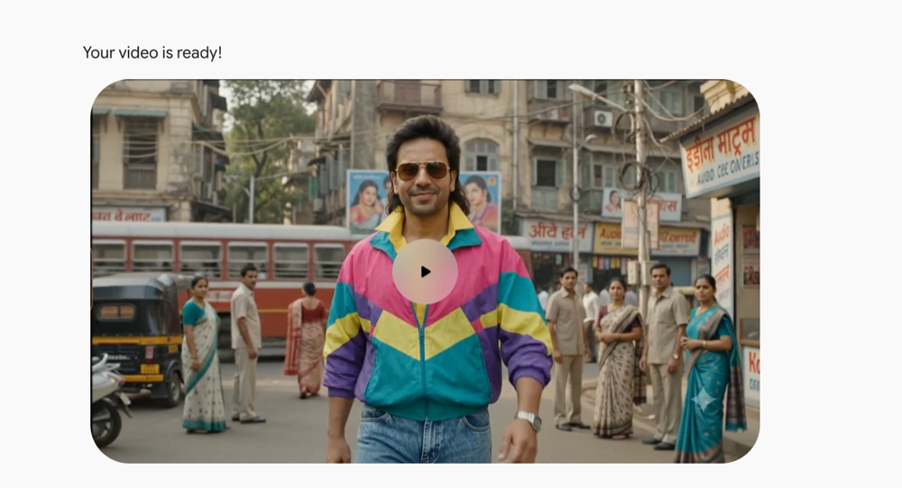 Gemini ‘Your video is ready!’ screen showing the finished 1989 Mumbai hero-walk reel with a play button