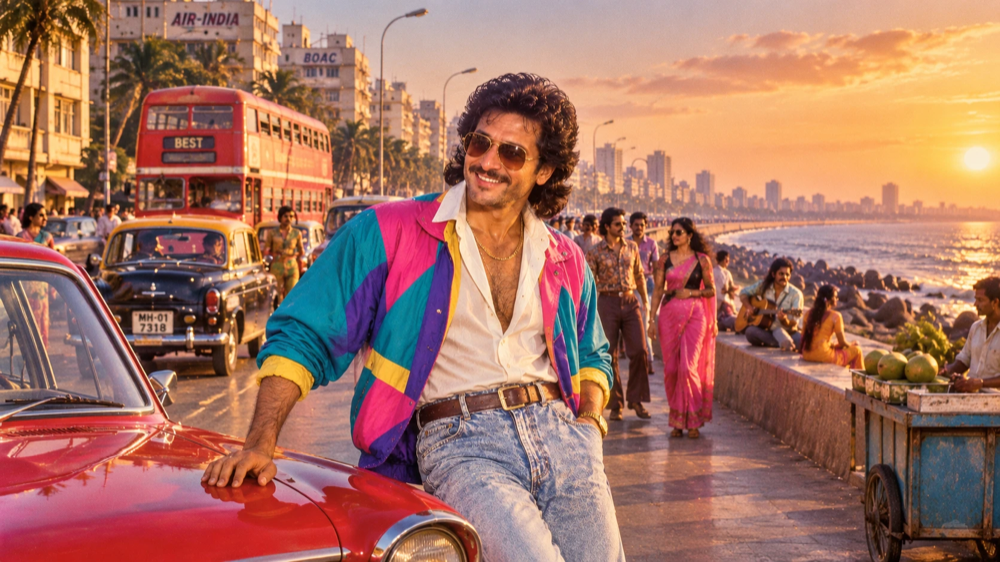 AI-generated 1989 Bollywood-hero reel — a person in a colorful retro windbreaker leaning on a red car at Marine Drive, Mumbai, at sunset