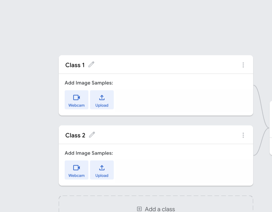 Two class cards labelled Class 1 and Class 2 with Webcam and Upload buttons and Add a class