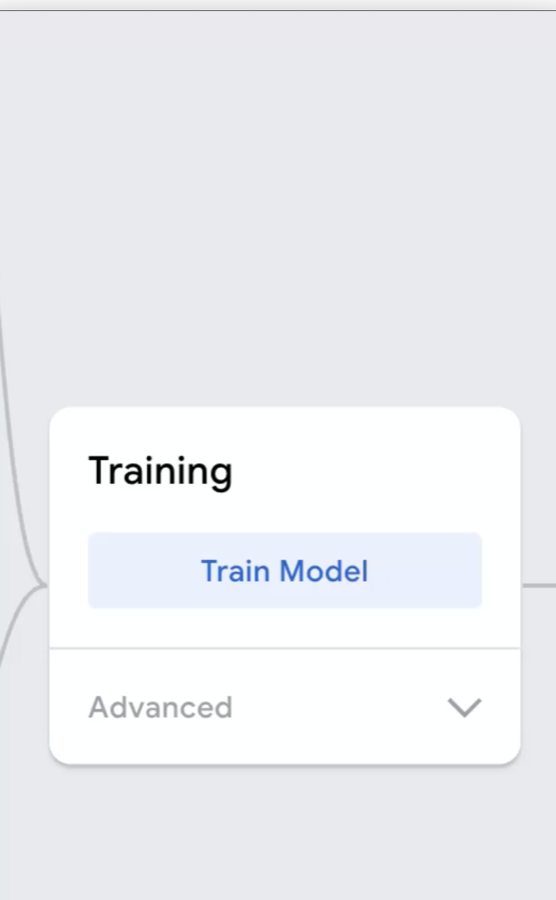 Training panel with the Train Model button and an Advanced dropdown